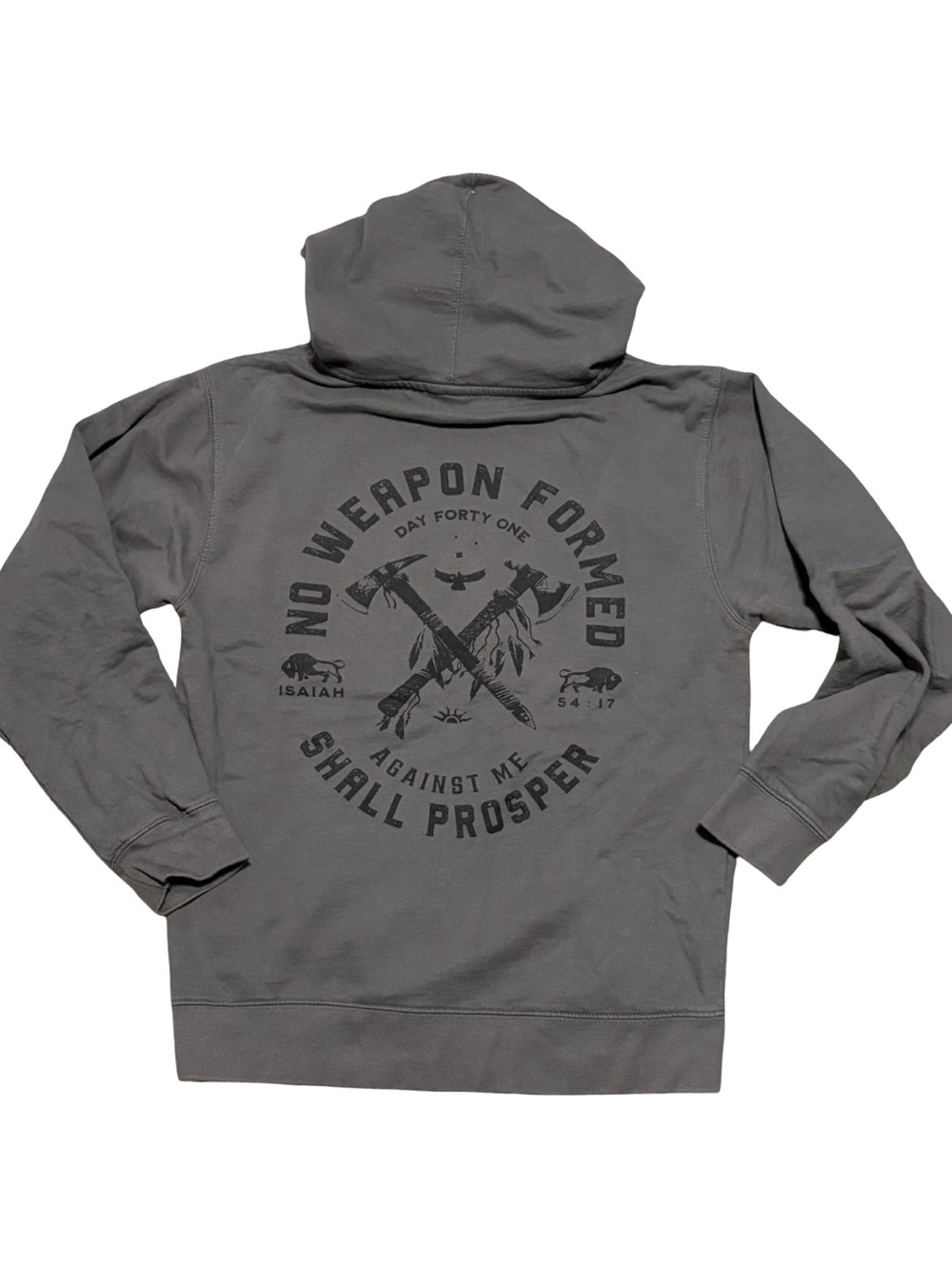 Day 41 apparel Men's Gray Hooded "no weapon formed" Pullover hoodie small #131